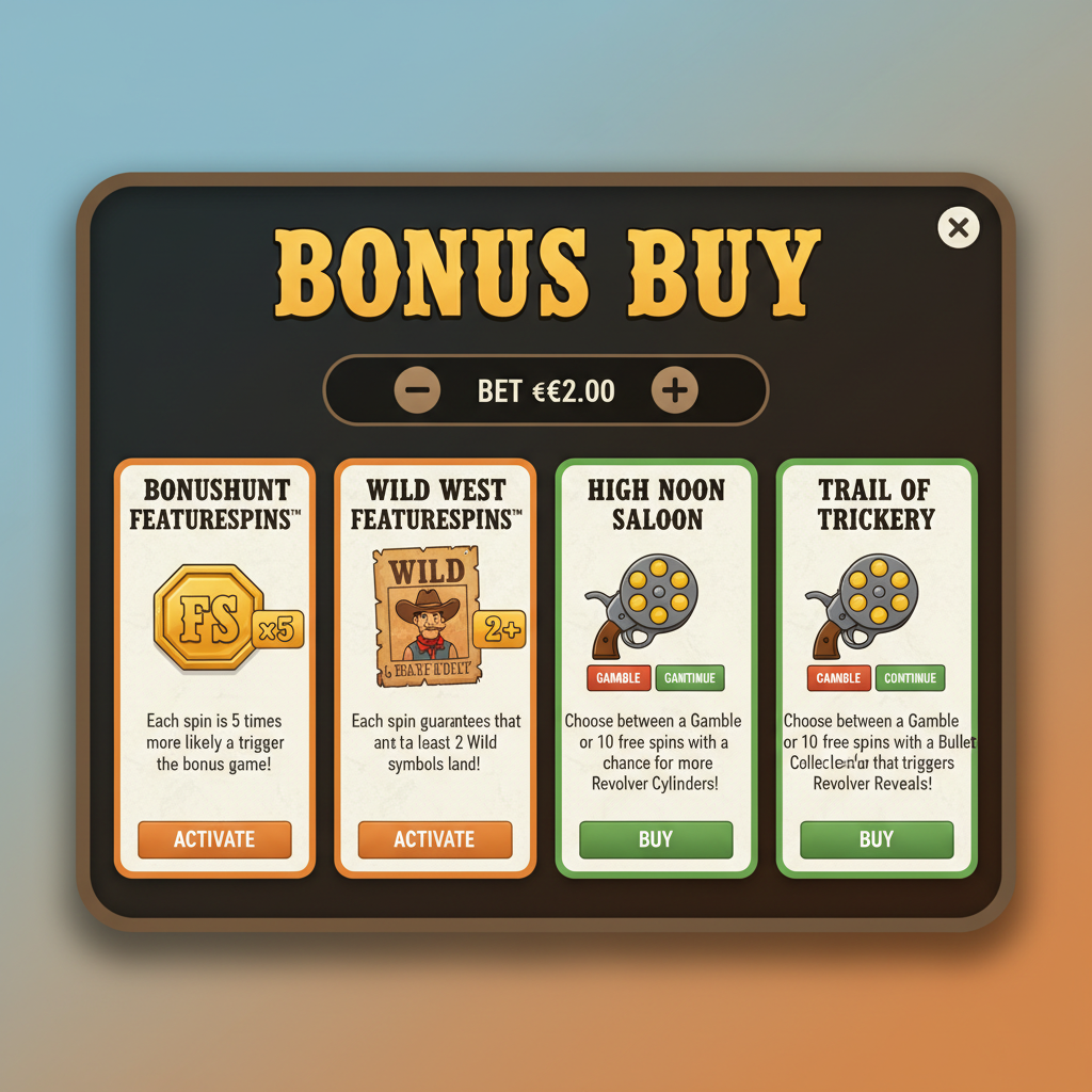 Bonus Buy menu in Le Cowboy slot met vier opties: BonusHunt FeatureSpins, Wild West FeatureSpins, High Noon Saloon en Trail of Trickery