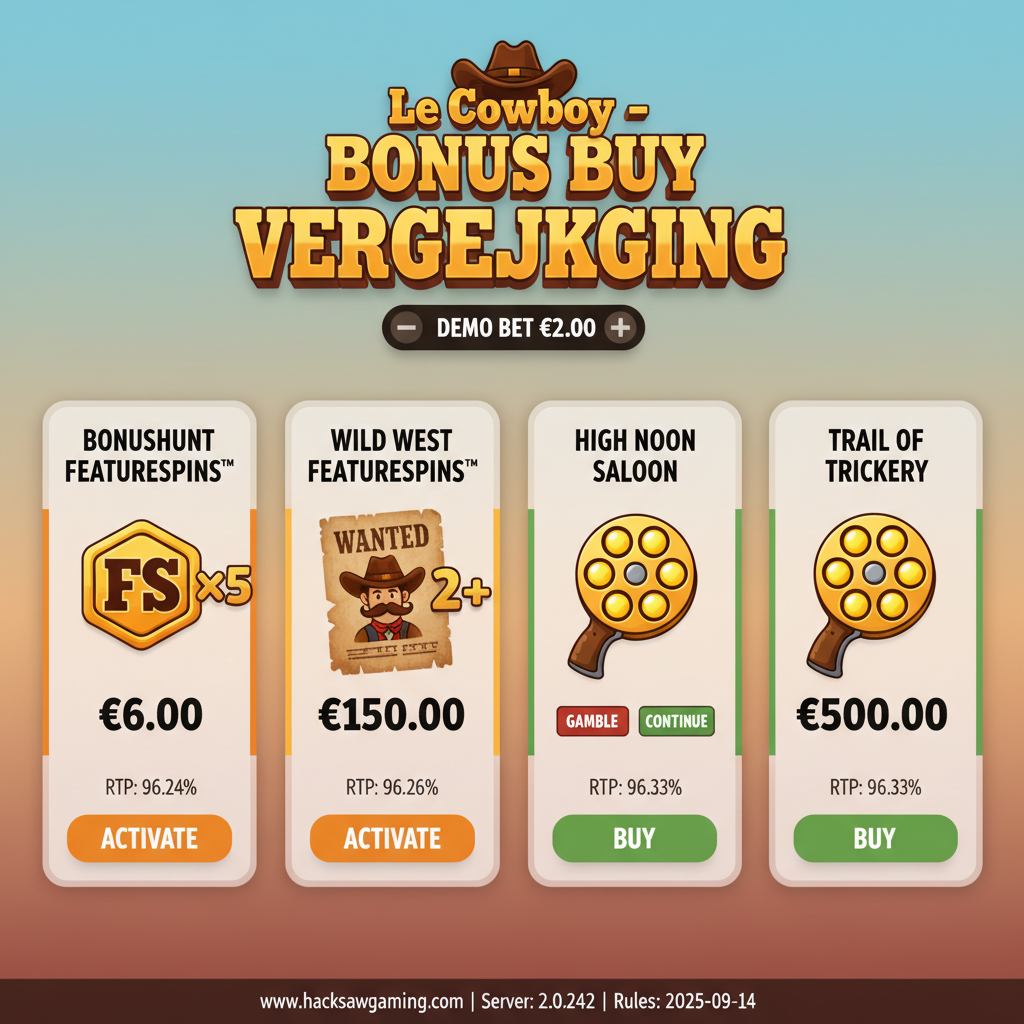 Vergelijking van alle vier Bonus Buy opties in Le Cowboy slot met kosten en RTP