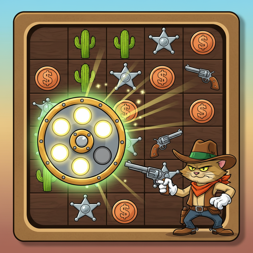 Bullet Collector in Le Cowboy slot, een groot revolvercilinderframe met groene gloed buiten het speelraster dat kogels bijhoudt