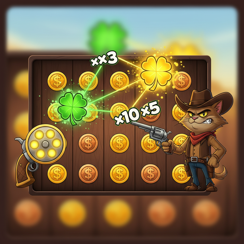 Groene en gouden Clover multiplier symbolen in Le Cowboy slot die muntwaarden vermenigvuldigen met x2 tot x20