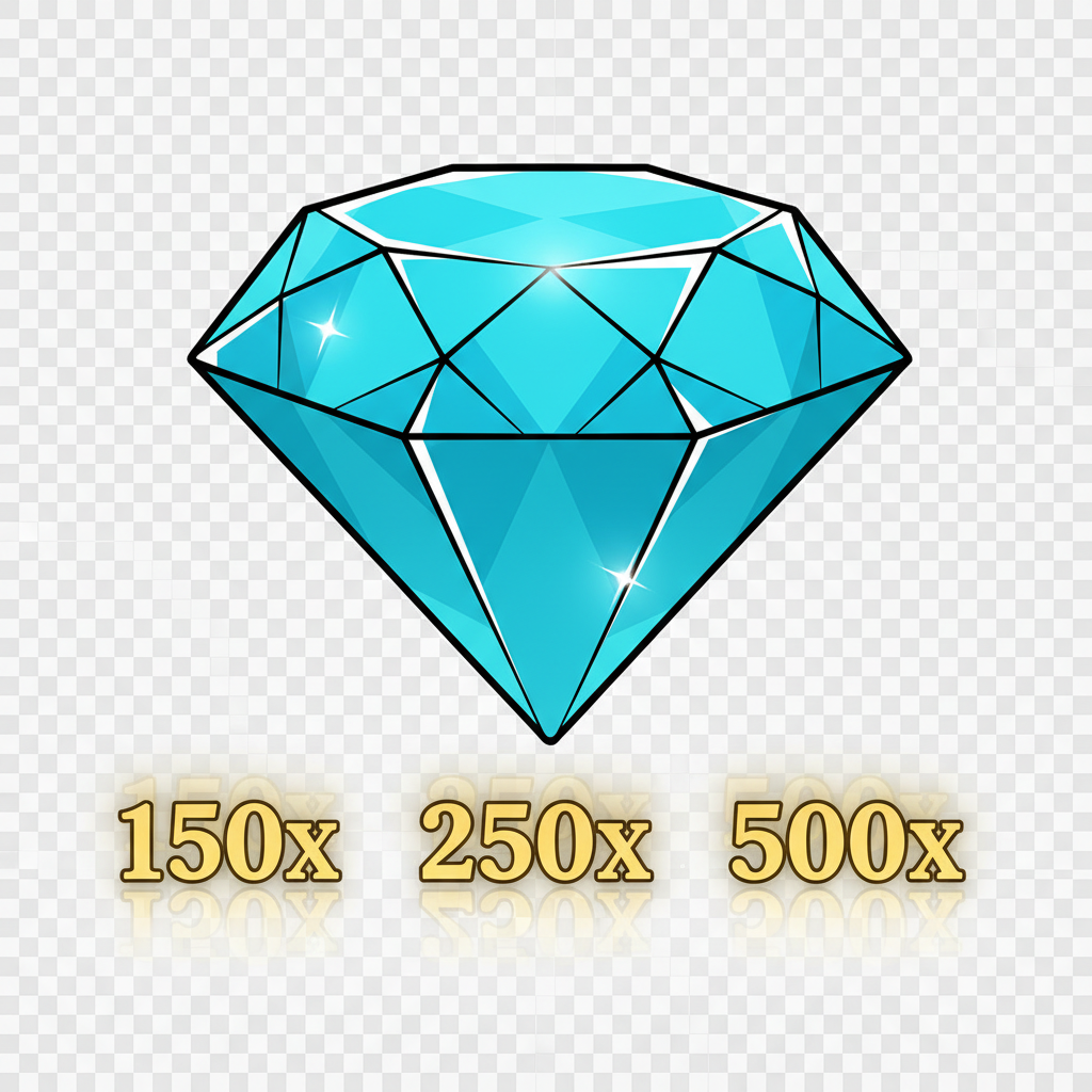 Diamant symbool in cyaan blauw met facetten en waarden tot 500x inzet