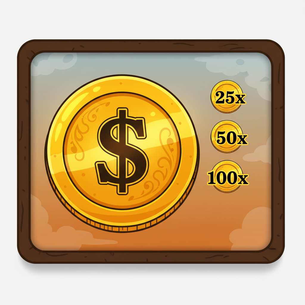 Gouden munt symbool in Le Cowboy slot met dollarteken en waarden van 25x tot 100x