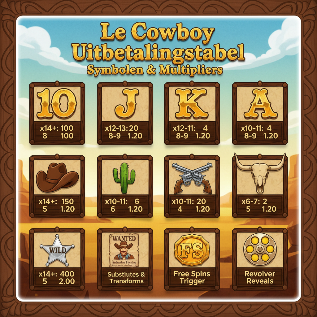 Le Cowboy uitbetalingstabel - alle symbolen en multipliers