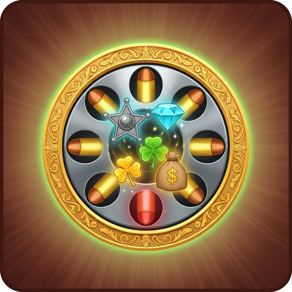 Revolver Cylinder symbool met gouden frame en 6 kogelposities die speciale symbolen onthullen