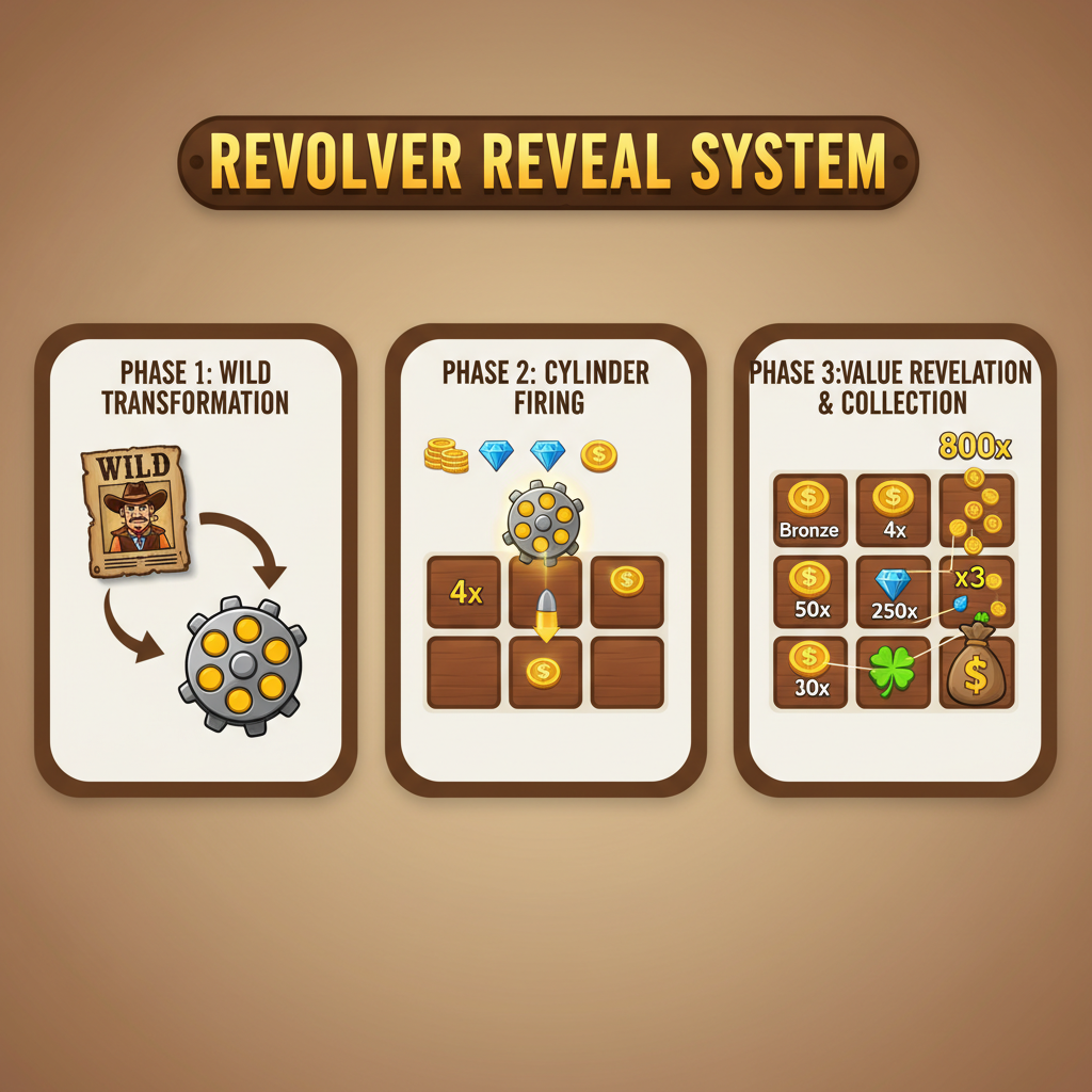 Visuele uitleg van het Revolver Reveal systeem in Le Cowboy slot, met Wild transformatie naar Revolver Cylinder en het onthullen van speciale symbolen