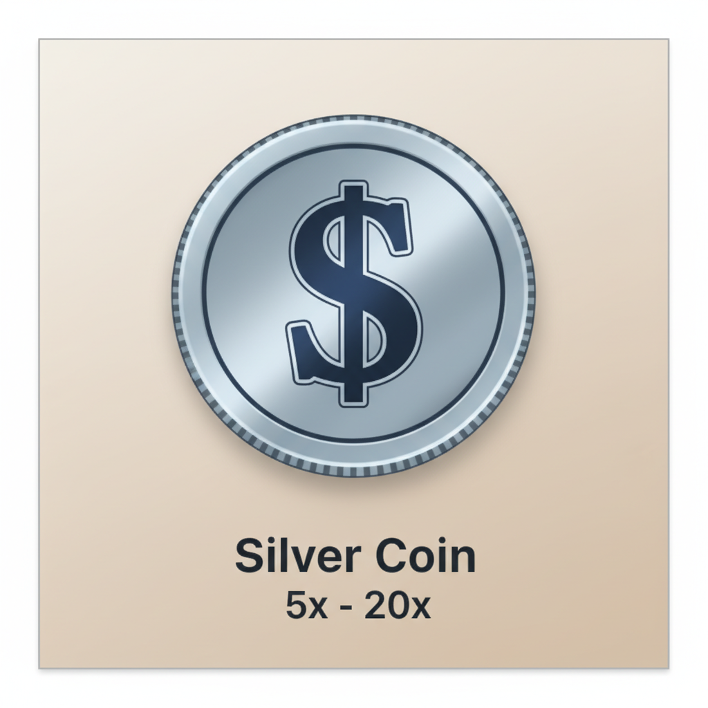 Silver Coin symbool met dollarteken en waarden van 5x tot 20x inzet