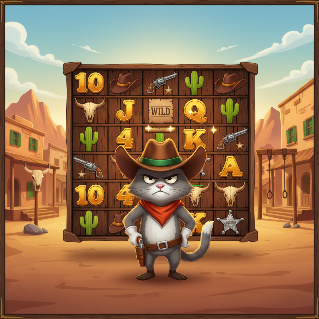 Le Cowboy slot hoofdscherm met Smokey de kat-cowboy en het 6x5 speelraster in een Wild West woestijnstad