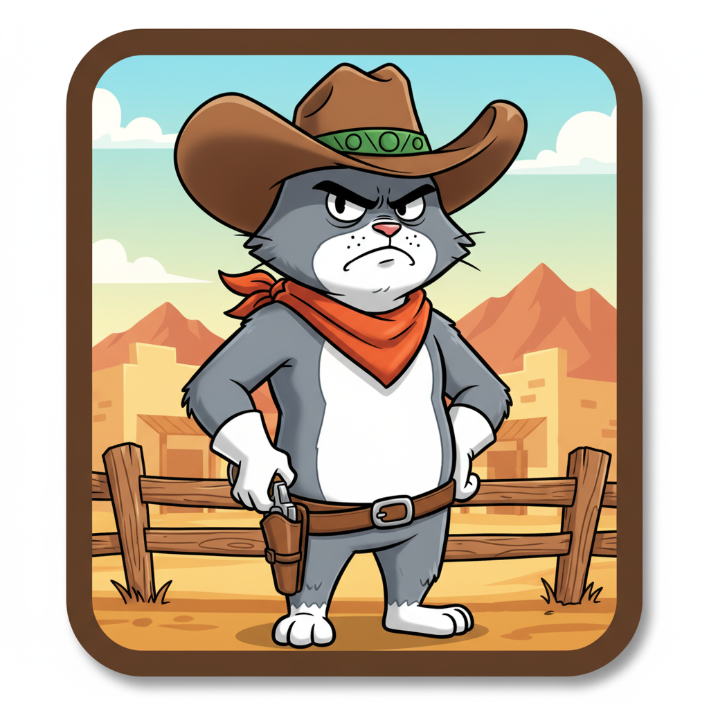 Smokey Le Cowboy hoofdpersonage, een grumpige grijze kat in bruine cowboyhoed met oranje bandana en zilveren revolver in holster