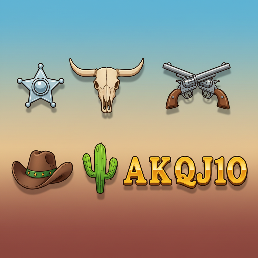 Overzicht van alle symbolen in Le Cowboy slot inclusief Sheriff Ster, Stierenschedel, Gekruiste Pistolen, Cowboyhoed en Cactus