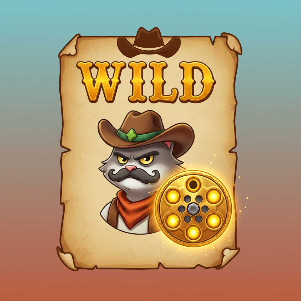 Wild symbool in Le Cowboy slot, een wanted poster met cartoon cowboy die transformeert naar Revolver Cylinder